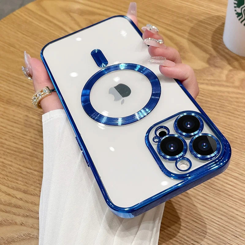 Magnetic Plating Case For iPhone 15 16 14 17 Pro Max Air Camera Lens Protector Glass For Magsafe Wireless Charger Cover