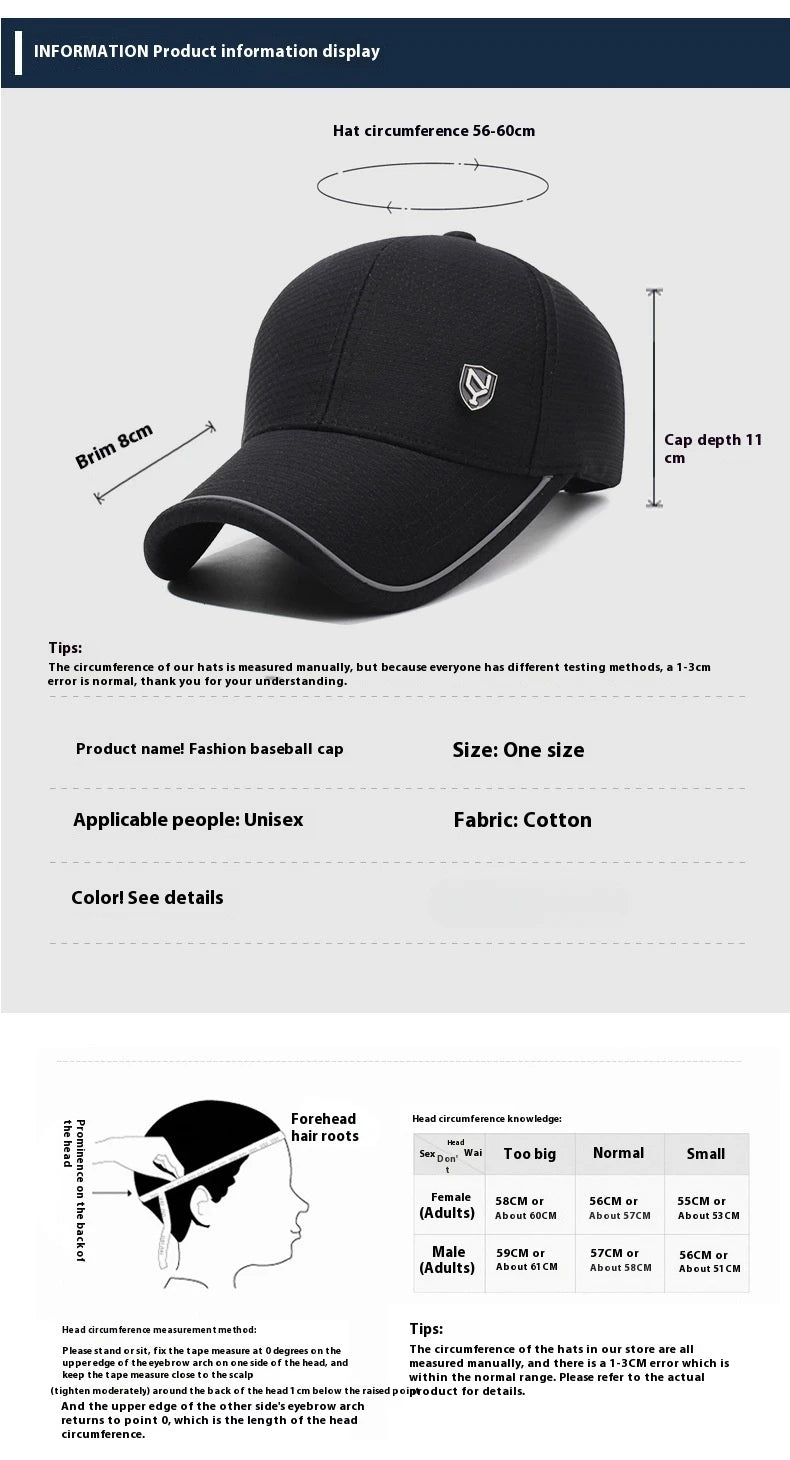 Summer Men's Black Breathable Cap Versatile Korean Version Versatile Men's Baseball Outdoor Recreational Fishing Sun Hat 56-60cm