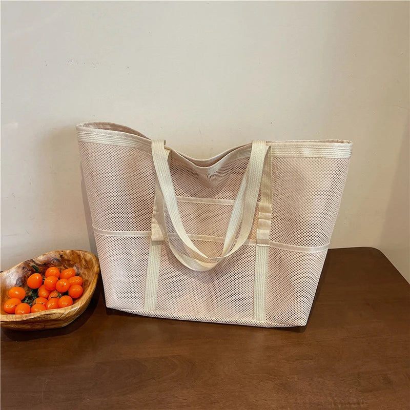 Portable Mesh Beach Bag For Women Makeup Travel Storage Wash Bag Summer Travel Swimming Bath Bag Organizer Shopper Totes