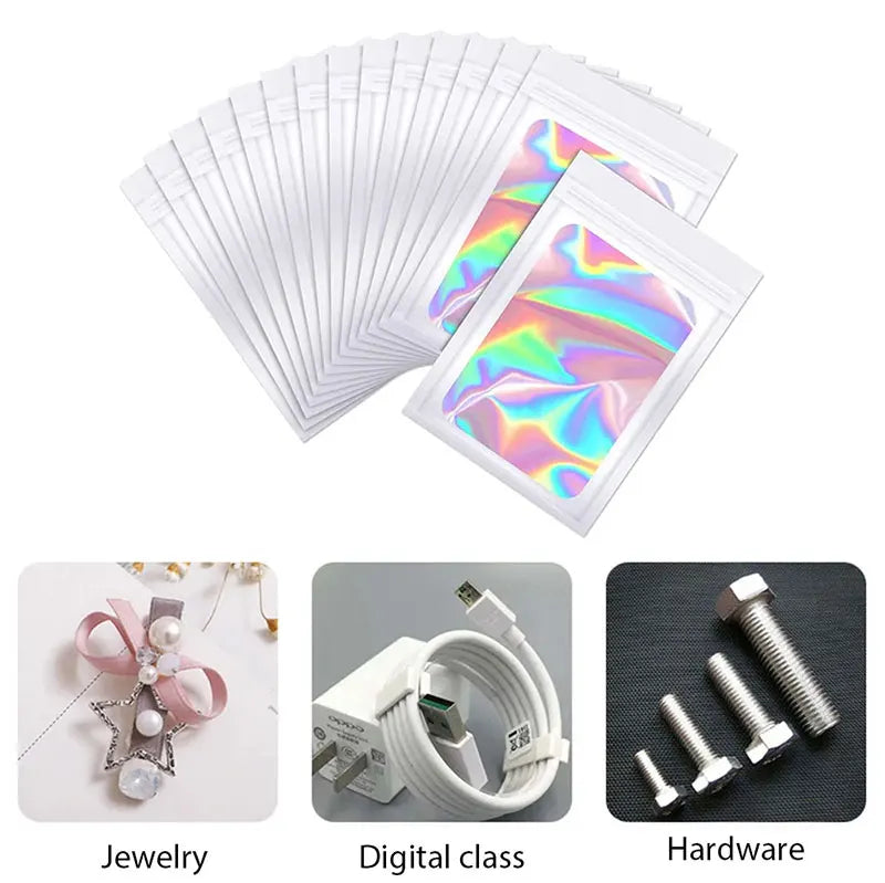 100Pcs Holographic Ziplock Bags Plastic Laser Iridescent Zip Bags for Manicure Eyelash Display Earrings Ring Jewelry Storage Bag
